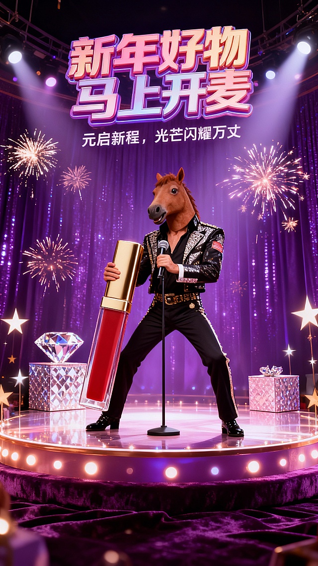 拟人风马头人身角色持巨型唇膏登台，霓虹灯风舞台搭配烟花与钻石礼盒，融合综艺感、奢华感与梦幻感，3D渲染呈现强烈视觉冲击，传递新年喜庆与潮流时尚氛围。
