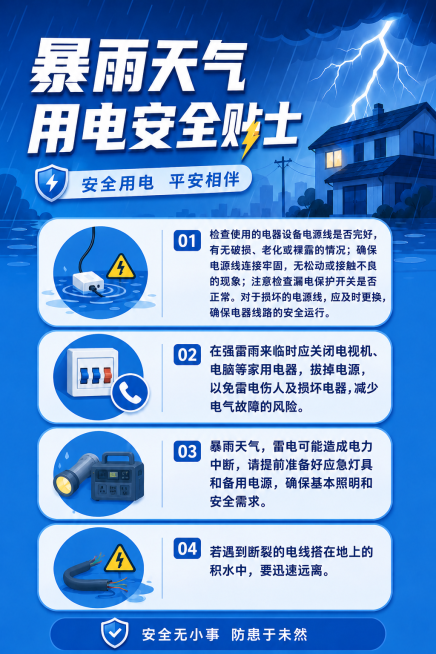 保持原图风格不变，原图的蓝色暴雨闪电背景、标题“暴雨天气用电安全贴士”、副标题“安全用电 平安相伴”、底部标语“安全无小事 防患于未然”、整体排版和图标结构都保留，仅将四个条目的文案替换为：
01、检预览效果