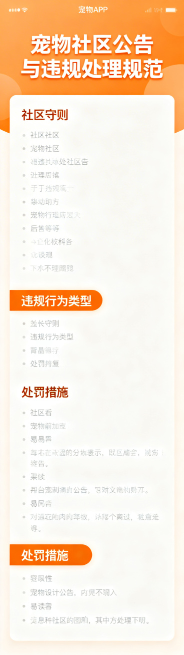 一张超长竖版的宠物APP社区公告与违规处理说明长图，整体配色为橙白色调，顶部放置醒目标题"宠物社区公告与违规处理规范"，正文分板块清晰排版，包含社区守则、违规行为类型、处罚措施等内容，整体风格简洁干净预览效果