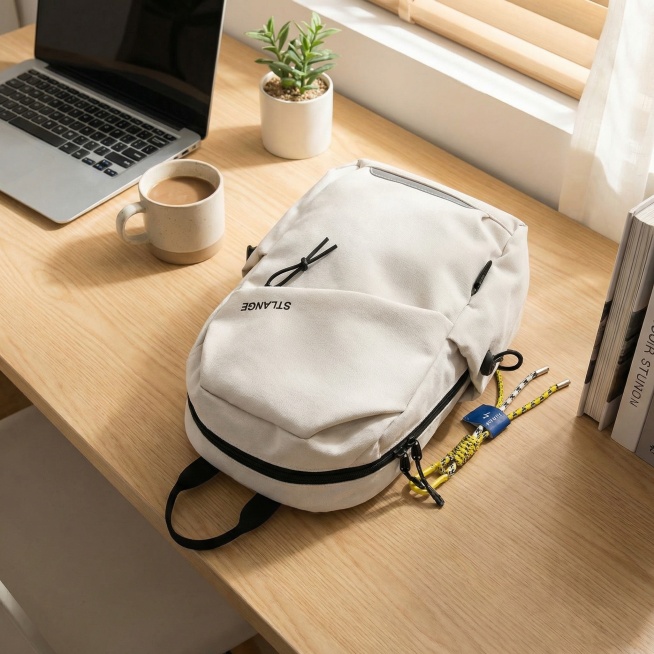 将背景替换为干净明亮的居家桌面，背包自然摆放在桌面上，光线柔和，温馨舒适，呈现真实使用状态，作为亚马逊详情页场景图预览效果