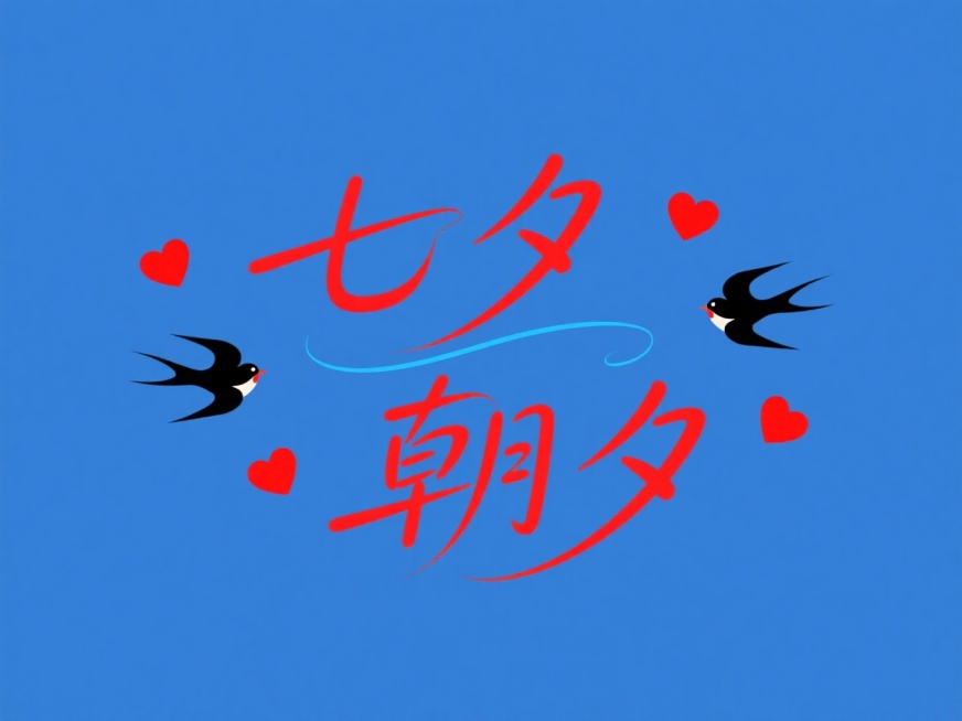文字“七夕“ ，”朝夕”，两个词语通过中间的一条蓝色天河，盈盈一水间隔开来，互相照映，文字穿插点缀对称的红色爱心和黑色喜鹊，高级感，蓝底红字。预览效果