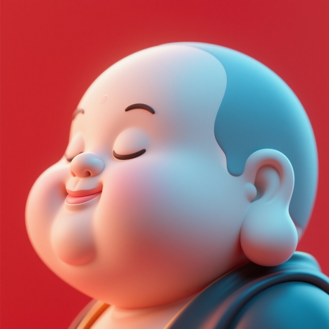 胖嘟嘟的弥勒佛脸部侧脸特写，红色背景，闭眼仰头，柔和3D质感，胖萌可爱风格预览效果