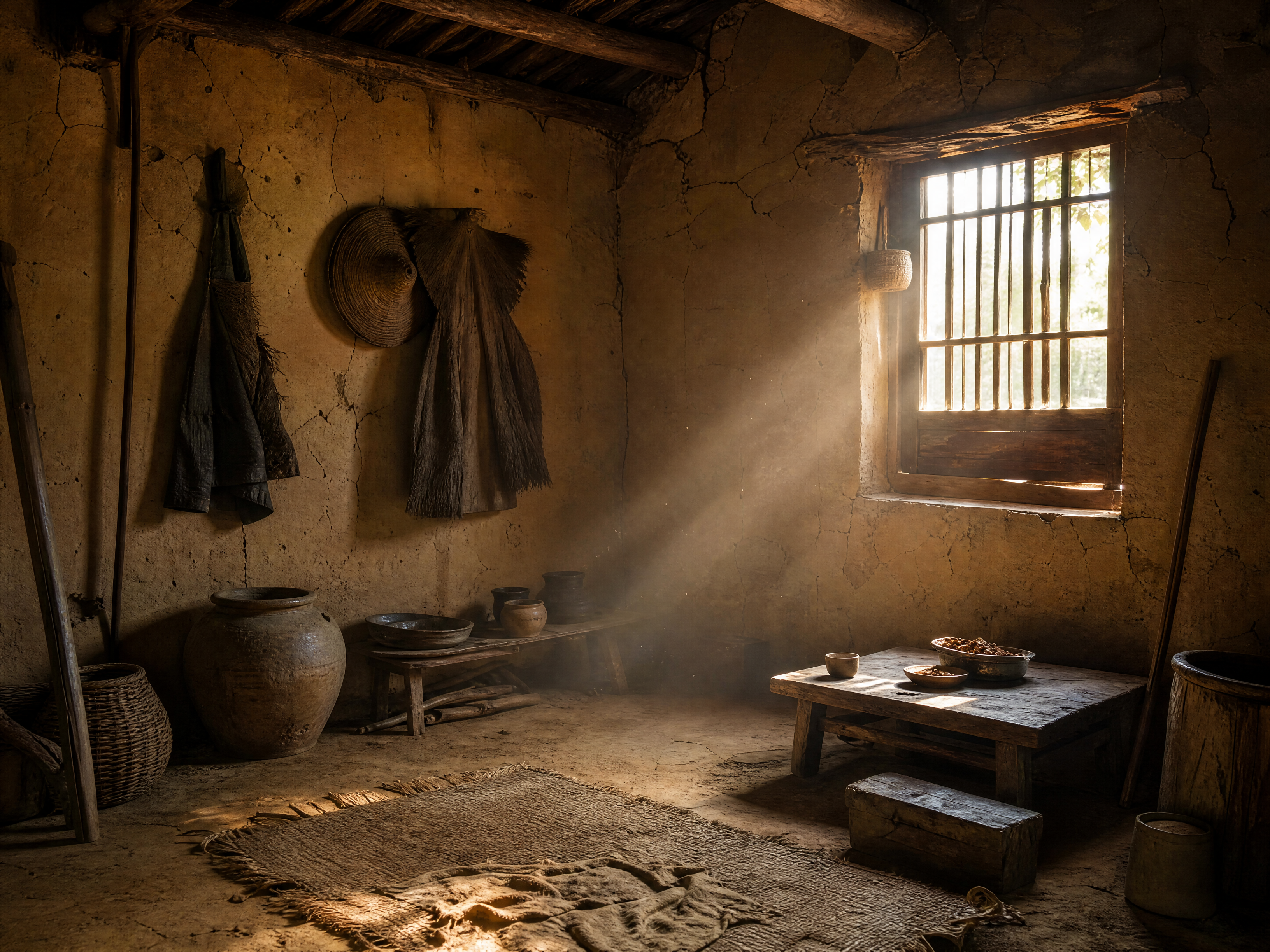 唐代风格佃农居住的室内场景，简陋的土坯茅草屋内部，土墙斑驳有裂… - 图片创意预览