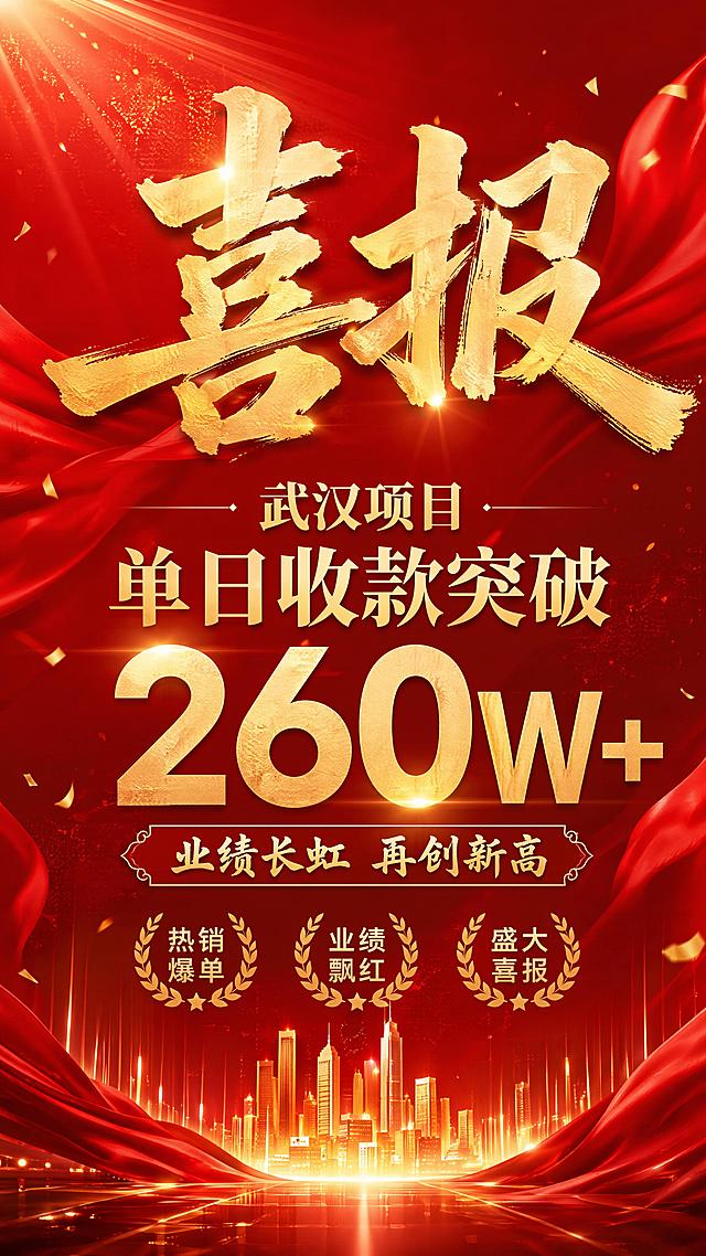 写实商业摄影风格 红色喜庆商务喜报海报，主色调大红色，搭配金色文字，整体热烈喜庆，商务风格。画面主标题为"喜报"，副标题为"武汉项目 单日收款突破260W+"，装饰文字为"业绩长虹 再创新高"，卖点标签为"热销爆单" "业绩飘红" "盛大喜报"，版式精美，大标题居中，文字清晰可读，红色渐变背景，点缀金色光效和丝绸纹理，整体氛围热烈大气，9:16竖版