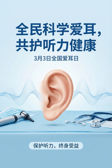 爱耳日公益宣传海报，正式稳重的医疗风格，浅蓝白色为主的专业色调，画面中心是写实风格的健康耳朵图案，搭配柔和的声波线条、医疗相关的专业元素，画面顶部是醒目的大号字体标题“全民科学爱耳，共护听力健康”，标预览效果