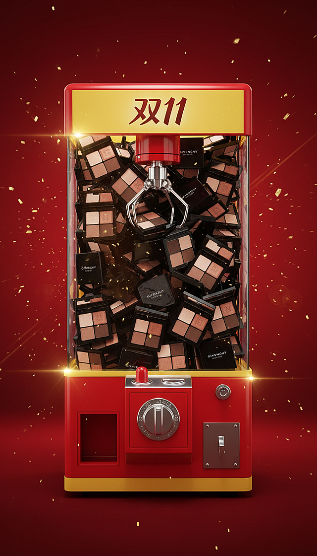 3D重拟物风格抓娃娃机，满载美妆礼盒，金属质感与粒子光效交织，红金配色营造喜庆促销氛围，时尚感十足，双11主题鲜明。