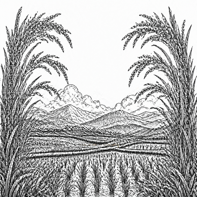 将两侧的水稻向中间移动拉近，增加画面整体宽度，移除下方的三颗小树，重新设计稻田和山坡的线条图案，保持黑白线条版画风格，生成比例为1:1预览效果