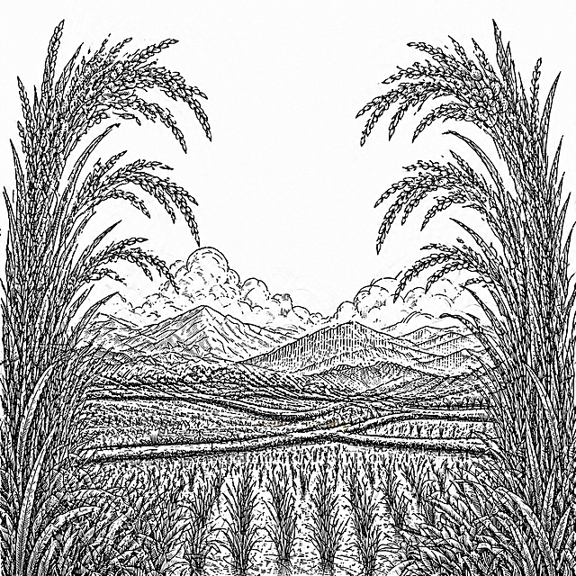 将两侧的水稻向中间移动拉近，增加画面整体宽度，移除下方的三颗小树，重新设计稻田和山坡的线条图案，保持黑白线条版画风格，生成比例为1:1