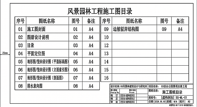 生成符合GB/T 50103、CJJ/T 67国家标准的CAD格式风景园林工程施工图目录页，纯黑白线稿，无填充色无彩色元素，加装完整标准工程图框和国标标题栏，严格按照建筑施工图标准目录样式排版，分为左右两栏四列表格，表头依次为序号、图纸名称、图号、备注，保留原有内容，统一使用工程制图标准字体，去除所有艺术化装饰，完全符合国内设计院正式施工图出图规范，在原图基础上适当调整避免抄袭