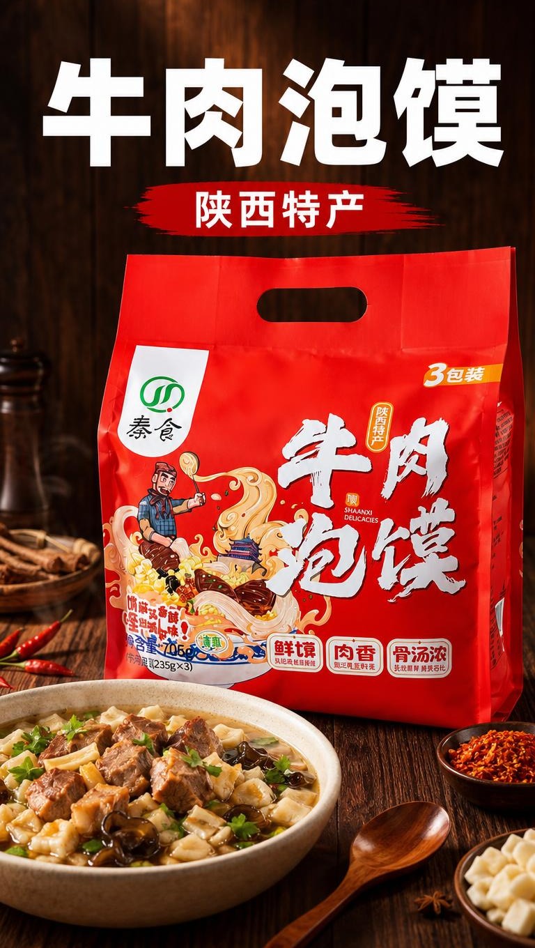 [商品] 使用【图1】红色袋装牛肉泡馍产品；保留包装袋红色外观… - 图片创意预览