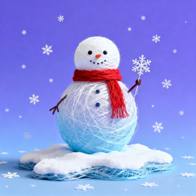 一块不规则的雪地块上，一个可爱的雪人戴着红色的围巾，手拿着一个小雪花，周边飘着雪花。背景蓝紫色纯色渐变预览效果