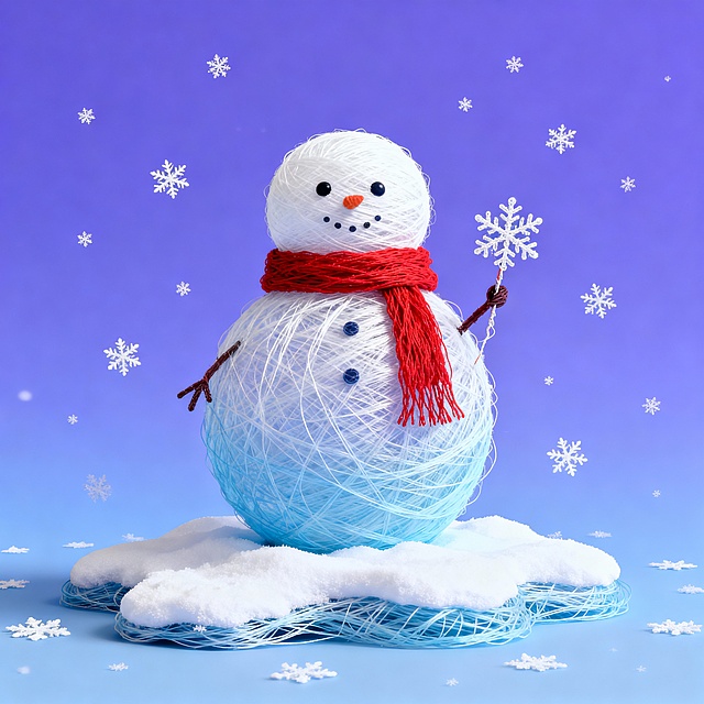 软3D风格雪人，毛线缠绕呈现面料质感，拟人化表情可爱生动，手持雪花营造梦幻温馨氛围，蓝色渐变背景点缀飘雪，节日趣味感十足。