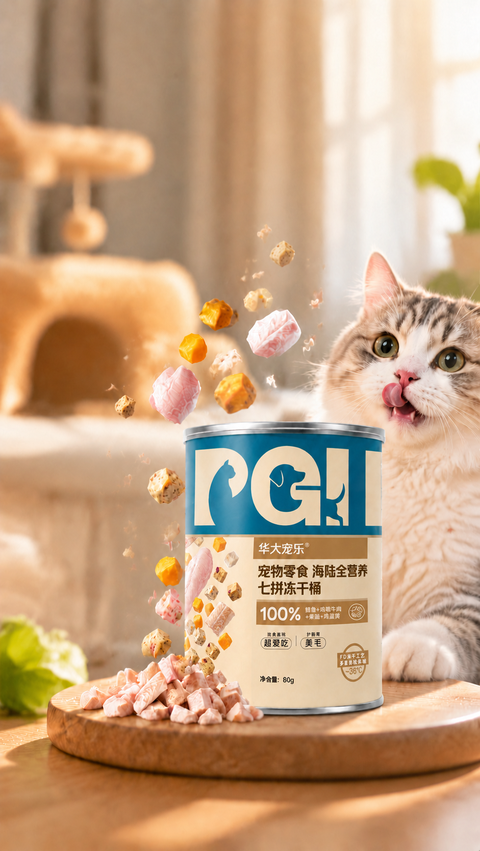 将画面中央的猫粮罐头替换为图2中的完整罐头包装，100%还原图… - 图片创意预览
