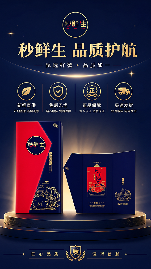 [第7屏] 品牌背书与品质保障-秒鲜生品牌理念与服务承诺。[氛围/风格] 信赖感高级品牌风，画面沉稳大气，传递品质保障。[元素布局] 画面中心放置秒鲜生品牌logo与三折屏礼券组合，周围搭配简约的品质图标元素，背景为深藏蓝渐变底色，点缀细微金色星光装饰，整体庄重有质感。[光影质感] 中心聚光打亮品牌logo与礼券，四周光线渐暗，突出视觉重心。[配色色系] 全局底色#0A1A4A深藏蓝渐变，主体配色烫金#D4AF37+正红#E6212A，辅助色米白#FFFFFF用于文字。[视角构图] 居中对称构图，视觉重心稳定，传递品牌可靠感。[文字版式] 顶部主标题"秒鲜生 品质护航"，下方列出"新鲜直供"、"售后无忧"、"正品保障"、"极速发货"4项服务承诺，文字排版规整大气。[比例分辨率] 9:16竖版比例，4K分辨率，文字清晰可辨。[负向提示词] 品牌logo错乱，图标杂乱，文字模糊，水印。本屏使用【图1】作为礼券展示元素，融入品牌背书画面。