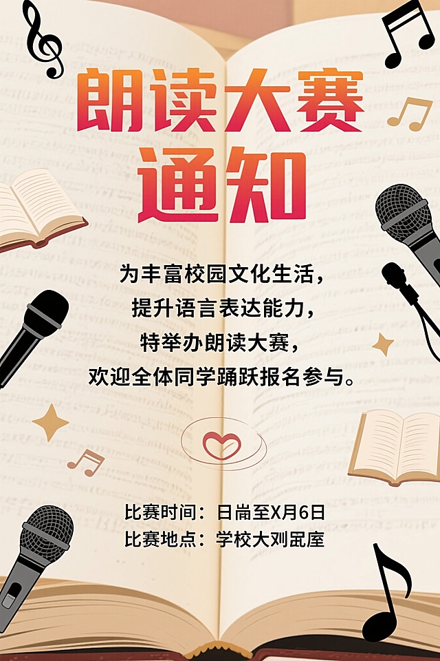 文艺插画风设计，大字突出主题，细节点缀书香与音乐元素，营造校园文化氛围。