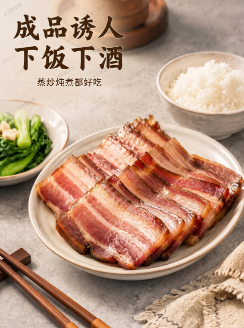 将原图按3:4比例裁剪为720×960像素，保持画面主体（腊肉/包装核心区域）完整，不拉伸不变形，高清输出预览效果