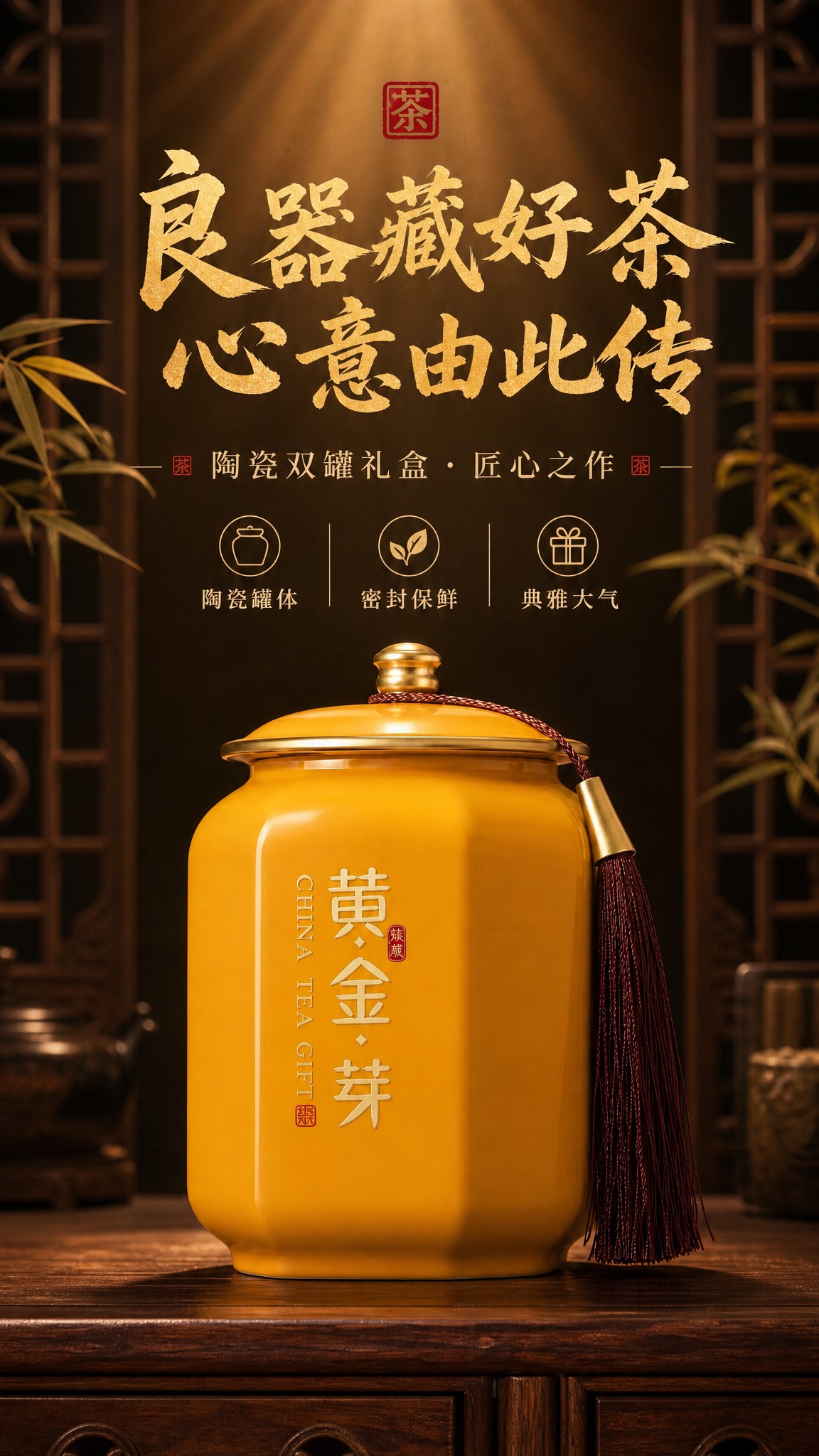[商品] 使用【图3】黄金芽单陶瓷罐；保留罐体明黄色、八角造型… - 图片创意预览