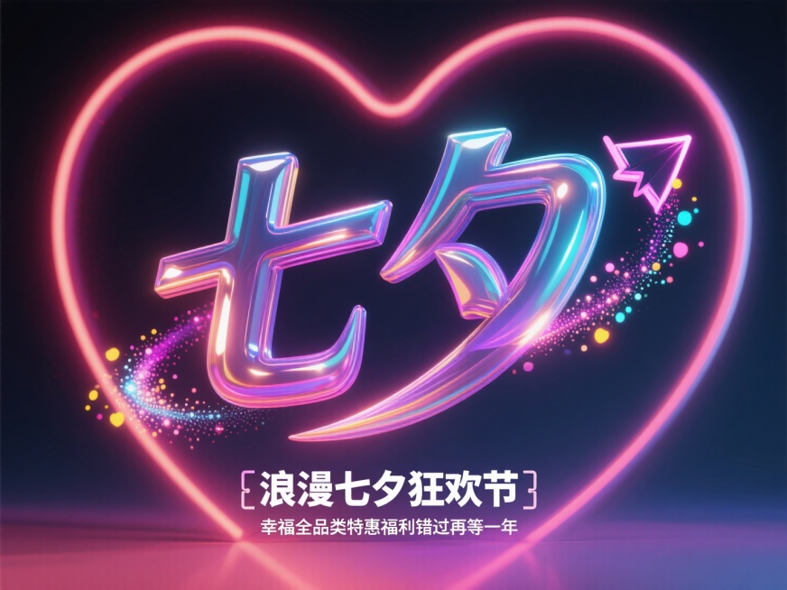 立体"七夕"+箭头，”七夕“表面流动光效，箭头路径有粒子拖尾围绕，荧光色点缀，背景暗色，渐变心形，搭配霓虹线路效果。底部添加“浪漫七夕狂欢节”标签，副标题“幸福全品类特惠福利错过再等一年”预览效果