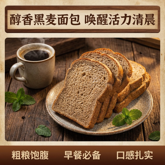 帮我根据图中的黑麦面包素材生成5张不一样的主图背景，主要围绕这张白底图面包素材为准，最好体现出有食欲有购买欲望比例为1：1预览效果
