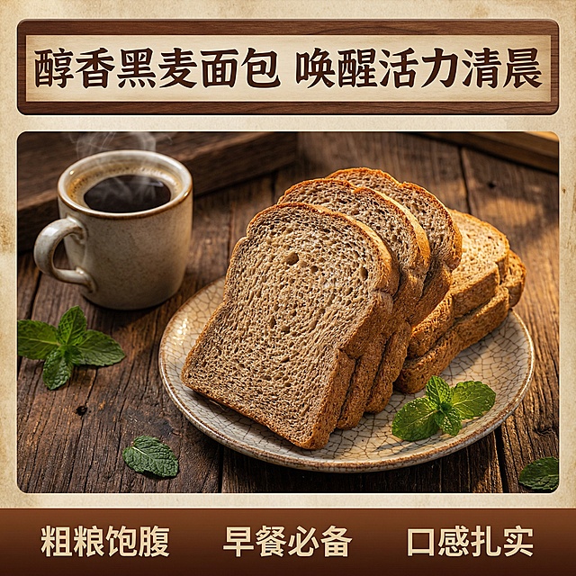 帮我根据图中的黑麦面包素材生成5张不一样的主图背景，主要围绕这张白底图面包素材为准，最好体现出有食欲有购买欲望比例为1：1