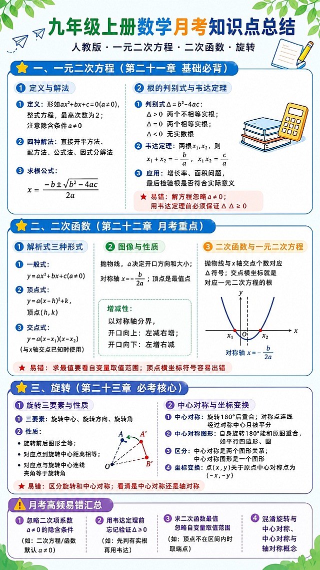 参考图版式复刻，保留原参考图的版式骨架、分区结构、配色体系和清新学习氛围，将全部内容替换为九年级数学上册人教版前3单元月考知识点总结。整体风格：清新手绘风，浅蓝绿色系，顶部绿叶纸飞机装饰元素保留，圆角卡片分区，层级分明，排版精美，适合学生复习使用。

顶部主标题区：大字号标题文字为"九年级上册数学月考知识点总结"，副标题小字"人教版·一元二次方程·二次函数·旋转"，顶部左右两侧有绿叶和纸飞机装饰。

第一章模块（蓝色星星标题栏）：标题文字"一、一元二次方程（第二十一章 基础必背）"
- 左侧卡片："1 定义与解法"
  ① 定义：形如ax²+bx+c=0(a≠0)，整式方程，最高次数为2；注意隐含条件a≠0
  ② 四种解法：直接开平方法、配方法、公式法、因式分解法
  ③ 求根公式：x = (-b±√(b²-4ac)) / (2a)
- 右侧卡片："2 根的判别式与韦达定理"
  ① 判别式Δ=b²-4ac：Δ>0两个不相等实根；Δ=0两个相等实根；Δ<0无实数根
  ② 韦达定理：两根x₁,x₂，则x₁+x₂=-b/a，x₁x₂=c/a
  ③ 应用：增长率、面积问题，最后检验根是否符合实际意义
  右侧配小图标：书本+计算器装饰
  ★ 易错：解方程忽略a≠0；用韦达定理前必须保证Δ≥0

第二章模块（深蓝色星星标题栏）：标题文字"二、二次函数（第二十二章 月考重点）"
- 左侧卡片："1 解析式三种形式"
  ① 一般式：y=ax²+bx+c(a≠0)
  ② 顶点式：y=a(x-h)²+k，顶点(h,k)
  ③ 交点式：y=a(x-x₁)(x-x₂)（与x轴交点已知时使用）
- 中间卡片："2 图像与性质"
  抛物线，a决定开口方向和大小；对称轴x=-b/(2a)；顶点是最值点
  增减性：以对称轴分界，开口向上左减右增；开口向下左增右减
- 右侧卡片："3 二次函数与一元二次方程"
  抛物线与x轴交点个数对应Δ符号；交点横坐标就是对应一元二次方程的根
  配二次函数简图：开口向上抛物线与x轴交于两点，标注对称轴
  ★ 易错：求最值要看自变量取值范围；顶点横坐标符号容易出错

第三章模块（蓝紫色星星标题栏）：标题文字"三、旋转（第二十三章 必考核心）"
- 左侧卡片："1 旋转三要素与性质"
  ① 三要素：旋转中心、旋转方向、旋转角
  ② 性质：旋转前后图形全等；对应点到旋转中心距离相等；对应点与旋转中心连线夹角等于旋转角
- 右侧卡片："2 中心对称与坐标变换"
  ① 中心对称：旋转180°后重合；对称点连线经过对称中心且被平分
  ② 中心对称图形：自身旋转180°能和原图重合，如平行四边形、圆
  ③ 区分：中心对称是两个图形关系；中心对称图形是一个图形
  ④ 坐标变换：点(x,y)关于原点中心对称点为(-x,-y)
  ★ 易错：区分旋转和中心对称；看清是中心对称还是轴对称

底部易错点模块（紫色警示标题栏）：标题文字"⚠ 月考高频易错汇总"
四个易错点横向排列：
① 忽略二次项系数a≠0的隐含条件（如：二次方程/函数默认a≠0）
② 用韦达定理前忘记验证Δ≥0（如：先判有实根再用韦达）
③ 求二次函数最值忽略自变量取值范围（如：顶点不在区间内时取端点）
④ 混淆旋转与中心对称、中心对称与轴对称概念

画面中所有数学公式、符号、数字必须精确渲染，不得错位、遗漏或编造。所有信息区域必须填充完整内容，不得出现空白框。画面整洁，文字清晰可读，整体为竖版知识总结海报风格。