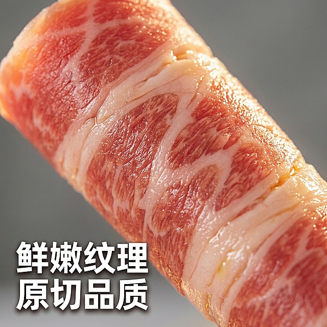 [主图 3] 牛肉风味卷微距细节特写
[氛围/风格] 生鲜微距质感，自然逆光，突出诱人纹理与油润光泽，食欲感强烈。
[画面元素] 对牛肉卷的肉质纹理做微距特写，保持原牛肉卷的红白纹理特征不变，放大展示大理石花纹脂肪分布，自然暖光从侧后方打亮，让肉层边缘产生通透光晕，凸显油润鲜嫩质感。背景做模糊虚化处理，让视觉焦点完全集中在肉质细节上。
[配色色系] 主色调：粉嫩牛肉红，乳白脂肪色；辅助色：浅灰色柔焦背景，暖黄色光晕。
[视角构图] 微距平视特写，主体铺满画面，无边框。
[文字版式] 主标题 "鲜嫩纹理 原切品质" 加粗白色字，放在画面左下角，带弥散阴影增加可读性；保持文字不遮挡核心纹理区域。
[比例分辨率] 1:1 比例，2k 分辨率，保持原产品肉质纹理特征不变。