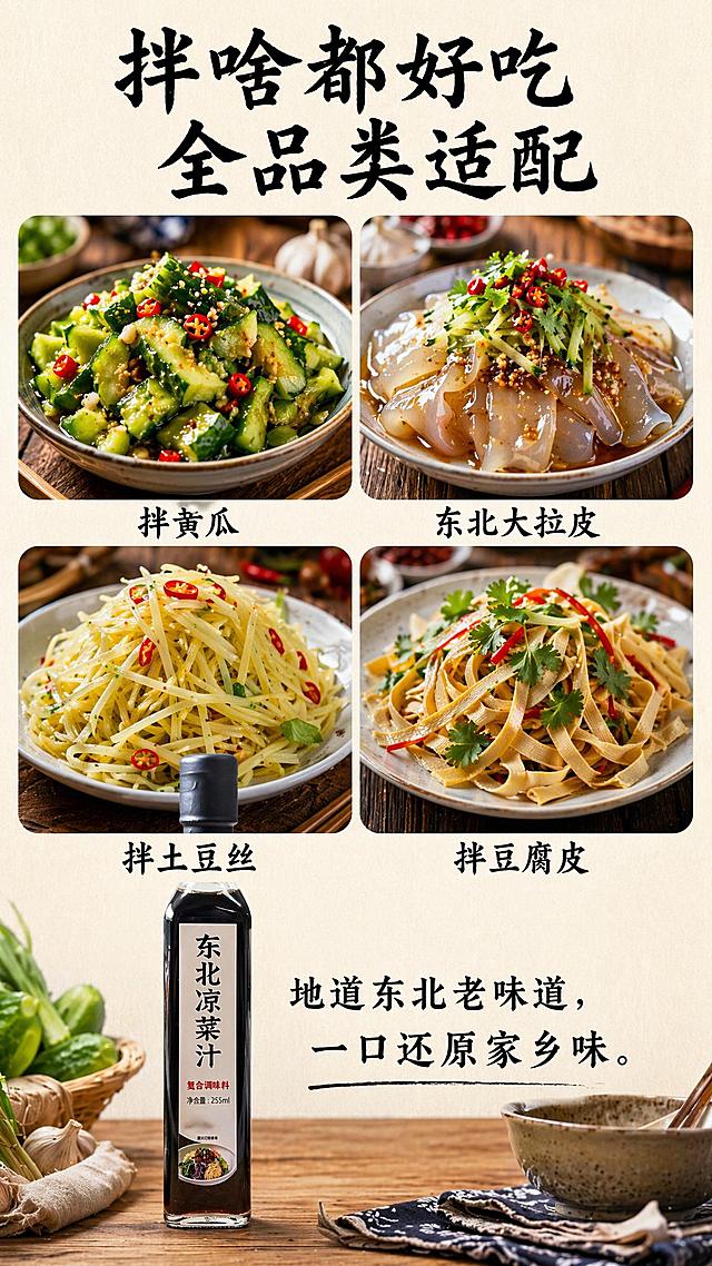 [第6屏] 多样适配场景展示，东北凉菜汁适配多种凉拌菜品。本屏使用【图1】作为产品主体。
[氛围/风格] 食欲展示风，新鲜食材搭配，真实餐桌场景，诱人食欲摄影质感。
[元素布局] 顶部主标题，中部2×2网格展示四种适配菜品：拌黄瓜、东北大拉皮、拌土豆丝、拌豆腐皮，每个菜品配圆角实景图；底部放置产品瓶身，整体布局均衡，菜品图占屏约60%。产品瓶身与原图保持一致。
[光影质感] 自然餐桌光影，菜品新鲜透亮，整体温馨有食欲。
[配色色系] 全局底色 #F8F3E6；主色菜品自然新鲜色彩，黑色文字，米黄底色统一。
[视角构图] 从上到下，标题→菜品网格→产品，纵向单栏阅读。
[文字版式] 顶部主标题「拌啥都好吃 全品类适配」，每个菜品图下方标注菜名，底部产品旁补充文案「地道东北老味道，一口还原家乡味」。主标题沿用书法感黑色粗体，正文黑色常规字体，保持统一风格。
[比例分辨率] 9:16竖版比例，2K分辨率，文字清晰可辨，高清画质。
[负向提示词] 菜品模糊，产品变形，文字错乱，水印，颜色失真。