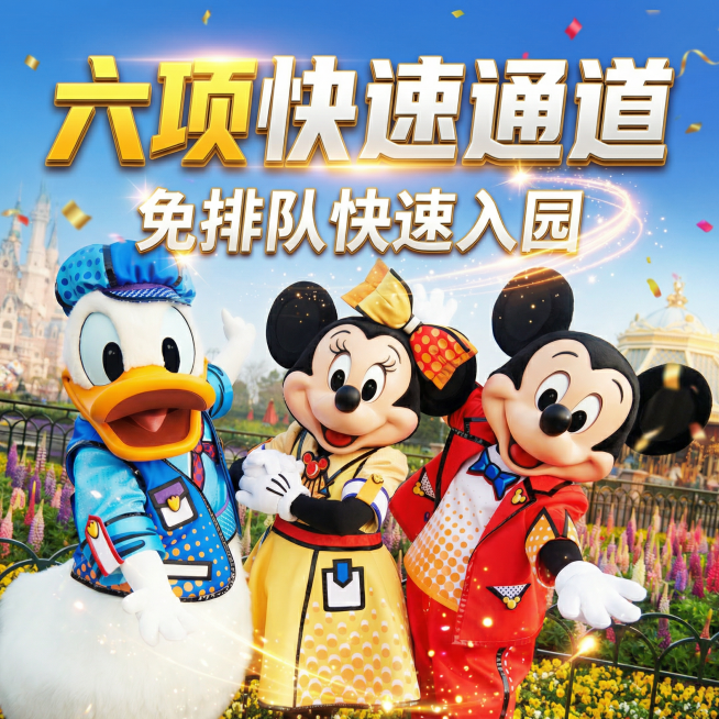 主标题为“六项快速通道”，采用醒目的黄白渐变立体加粗字体；下方配有“免排队快速入园”的促销文案，整体风格是商业电商风，色彩鲜艳明快，充满童话感与节日氛围，画面具有强烈的视觉吸引力和立体感，图片比例为预览效果