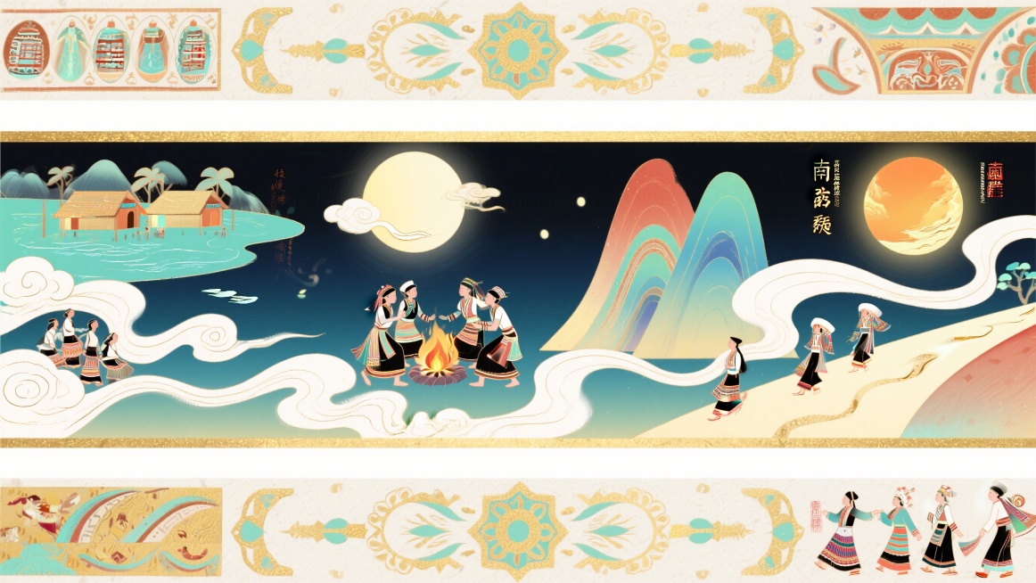 最后一次重新创作，结合参考图的敦煌壁画式横幅长卷构图，用流畅的云纹将拉祜族迁徙故事串联起来，从左上糯海厄湖泊共居，到中火塘月光歌舞，再到右下南迁之路，日月沐浴神话元素作为装饰贯穿全程，强化拉祜族民族图预览效果