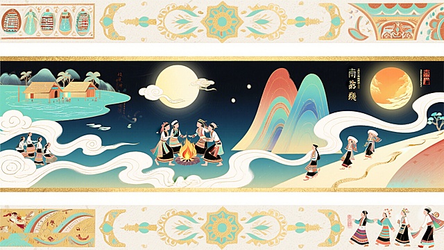 最后一次重新创作，结合参考图的敦煌壁画式横幅长卷构图，用流畅的云纹将拉祜族迁徙故事串联起来，从左上糯海厄湖泊共居，到中火塘月光歌舞，再到右下南迁之路，日月沐浴神话元素作为装饰贯穿全程，强化拉祜族民族图案的装饰性，保持新中式扁平渐变风格，使用浓郁又和谐的多巴胺色彩，极致留白，禅意氛围，全新设计所有细节