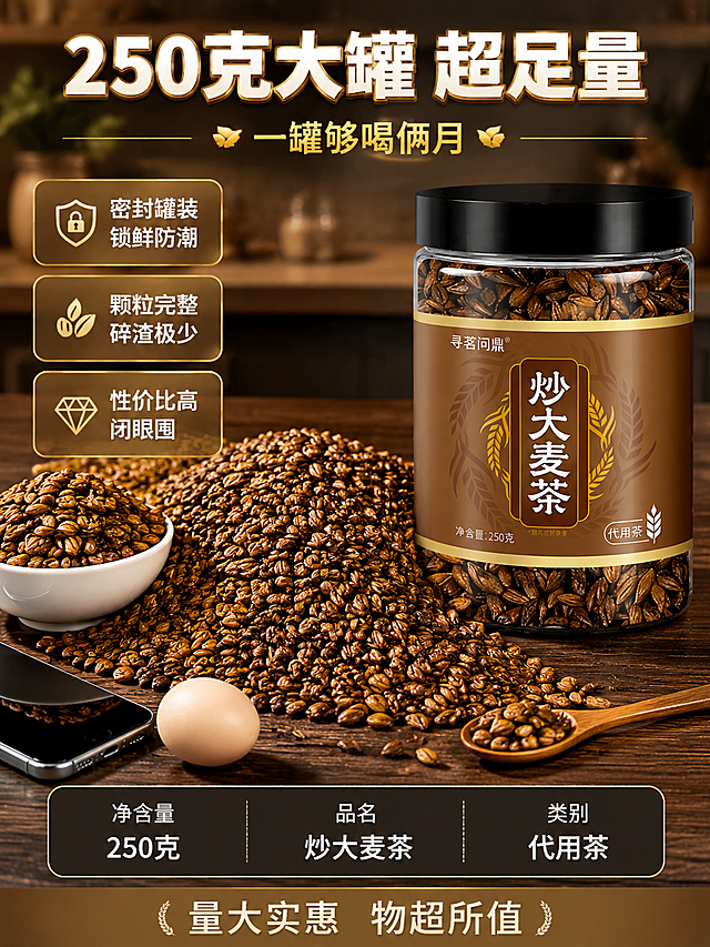 [第9屏] 详情页规格分量屏-炒大麦茶250克大罐分量与性价比展示。本屏使用【图1】【图2】作为产品主体。
[氛围/风格] 超值分量感，俯视桌面场景，暖调自然光，物超所值感，商业摄影质感。
[元素布局] 黑胡桃木桌面俯视角度。画面右侧放产品罐放大1.4倍（占约35%），保持外观一致，罐身高大挺拔显分量。罐子左侧倒出一大堆炒大麦颗粒，堆成小山状，颗粒饱满油亮微距清晰，铺满桌面一大片，视觉分量超足。旁边白色骨瓷碗盛满颗粒堆出尖，木勺一把。旁边放手机和鸡蛋做大小对比，凸显罐子大分量足。背景虚化的轻奢厨房环境。
[光影质感] 上方自然光均匀照射，颗粒表面油亮高光；桌面柔和阴影，整体明亮通透有质感。
[配色色系] 全局底色 黑胡桃木色 #3D2B1F；主色颗粒深棕；辅助色暖金、米白。
[视角构图] 俯视角度，产品罐+颗粒堆为视觉重心，阅读动线顶部标题 → 中部产品 → 底部规格信息。
[文字版式] 顶部居中主标题「250克大罐 超足量」，白色粗黑体加金描，超大号；副标题「一罐够喝俩月」，金色中号。左侧三个金色圆角卖点框纵向排列：「密封罐装 锁鲜防潮」「颗粒完整 碎渣极少」「性价比高 闭眼囤」，白字。底部规格信息栏，深棕底白字，左「净含量 250克」中「品名 炒大麦茶」右「类别 代用茶」。最底部半透明金棕条白字「量大实惠 物超所值」。
[比例分辨率] 3:4 竖版比例，4K 分辨率，文字清晰可辨。
[负向提示词] 变形，水印，文字错乱，产品罐变形，比例失调。