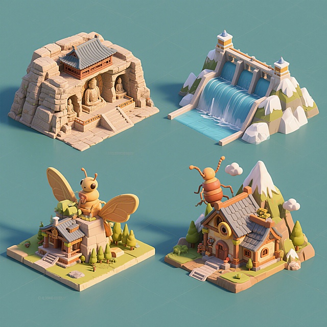 软3D粘土风微缩艺术，融合卡通感与趣味感，展现可爱建筑与昆虫角色，营造梦幻童话氛围。
