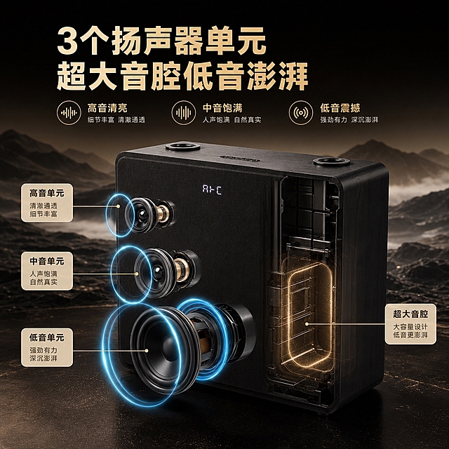 [主图-3] 产品证据/3扬声器声学结构，展示内部3个扬声器单元+超大音腔。
[统一基调] 风格=现代家居科技感商业摄影；主色=深棕黑+暖米白；强调色=暖金色（仅小面积图标、标签、光效）；标题字=粗黑体大字；正文字=简洁无衬线体；标题色=深棕黑；正文色=中暖灰；组件=圆角浅底信息卡、细线引线；光影=左前侧暖柔光。
[画面] 使用【图1】黑色音响产品；保留产品外观原貌；音响主体居中，3组扬声器单元从箱体侧面分层展开示意，蓝色声波光环环绕扬声器，表现声学结构。背景为深色科技感渐变+远山云雾，产品+结构占画面65%。
[光影质感] 科技感商业渲染质感，扬声器有蓝色发光效果，产品主体材质清晰，结构层次分明。
[配色] 深棕黑主背景，蓝色声波光效，暖金色标题和引线点缀。
[文字版式] 顶部主标题「3个扬声器单元 超大音腔低音澎湃」，下方3个短卖点横排：高音清亮 中音饱满 低音震撼。每个卖点配小图标。文字横排，不遮挡核心结构。
[输出要求] 比例1:1方形，2048×2048，2K分辨率，文字清晰可读，产品清晰不变形，无错字乱码，无平台Logo水印。