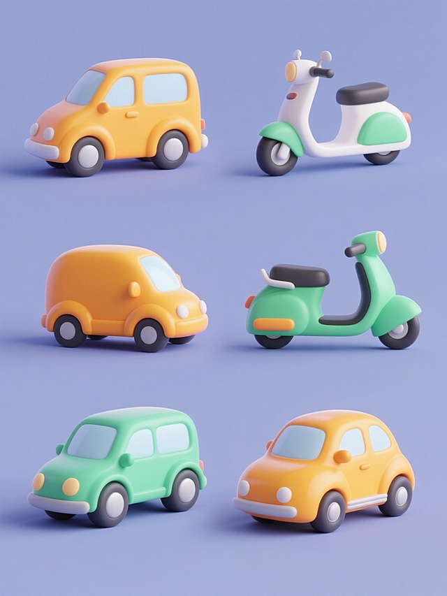 一套6个交通工具3D图标，包含电动车在内，保持简约现代的Q版3D风格，圆润流畅的造型，光滑的塑料质感，鲜艳明快的纯色配色方案，每个交通工具独立置于纯色背景上，整体规整排列成两行三列，无任何文字、logo和水印。
