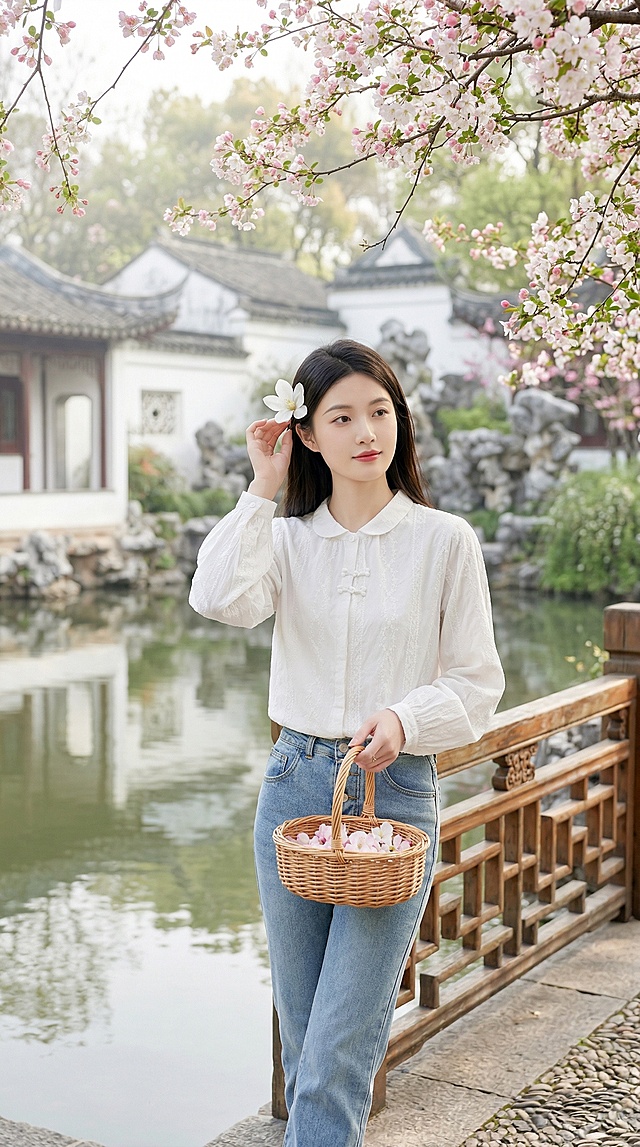 保持米白色新中式娃娃领刺绣衬衫和浅蓝色牛仔裤服饰不变，8K超高清，治愈系清新国风大片，全身人像，20岁左右温婉灵动江南女生，鹅蛋脸清透淡妆，黑长直长发配白色玉兰花发簪，气质温婉恬静；生成和之前所有姿势都不同的全新模特姿势，背景为春日清晨苏州园林临水回廊，白墙黛瓦假山绿植，枝头开满粉白海棠花，柔和清晨漫射光，薄雾感，浅景深背景虚化，整体色调清新治愈，服装细节清晰，新中式时尚大片质感