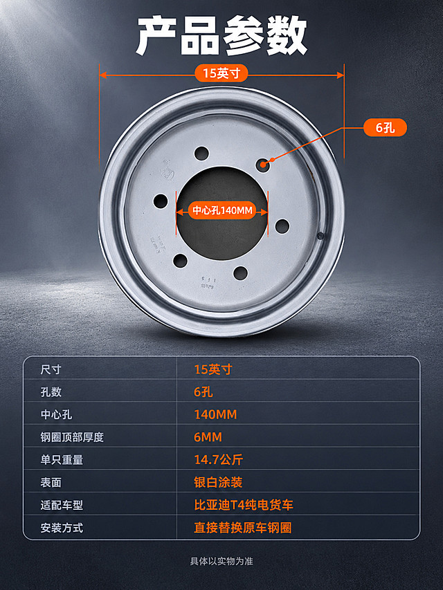 [商品] 使用【图1】钢圈正面图与【图2】中心孔测距图；保留六孔排布、中心孔真实比例与孔径大小、轮辋层级与银白涂装；不得保留或复制【图2】上的黄色标注文字与黄色线条，中心孔尺寸统一以本图自带的橙色标注「中心孔140MM」呈现。
[画面] 上下构图参数页：上部为钢圈正面正视图，居中略偏上占画面 40%，六个安装孔与中心大孔清晰可辨；外侧用细橙尺寸线标注直径，孔圈旁用细橙引线标注孔数，中心大孔旁用细橙尺寸线标注中心孔尺寸，尺寸线与引线端点落在真实结构边缘；下部为极细冷白线框参数表，左列项目名、右列参数值，行高均匀、文字对齐，产品与表格之间留出透气间距；本张版式以纯标注加表格构成，不加放大窗、不加数据卡。
[视觉] 套系策略：风格=工业硬核专业详情页；标题字=粗黑体无衬线；正文字=细黑体无衬线；主色=石墨灰 #33393F；背景延展=以石墨灰为基准，浅至 #E9EDF0、深至 #14181C 的渐变层级，叠加细腻金属与混凝土地面颗粒质感；强调色=亮橙 #FF6A00，仅用于小面积图标、引线、标签与数据数字；标题色=深底页用纯白 #FFFFFF、浅底页用近黑 #1A1A1A；正文色=深底页用浅灰 #C7CDD3、浅底页用中灰 #5A6470；组件=半透明深灰圆角卡＋细冷白描边＋细橙引线＋橙色胶囊标签；光影=左上硬光勾亮金属边缘＋冷调环境光＋底部接触阴影。
[文字] 主标题「产品参数」；尺寸与引线旁标注「15英寸」「6孔」「中心孔140MM」；参数表内容为「尺寸 15英寸」「孔数 6孔」「中心孔 140MM」「钢圈顶部厚度 6MM」「单只重量 14.7公斤」「表面 银白涂装」「适配车型 比亚迪T4纯电货车」「安装方式 直接替换原车钢圈」；底部小字「具体以实物为准」；文字只允许横向排版，尺寸线不挤压主体。
[规格] 图片比例 3:4 竖版，4K；负向：保留原图黄色标注、黄色线条、虚构参数、变形、错字、模糊、水印、平台 Logo、二维码、悬浮。