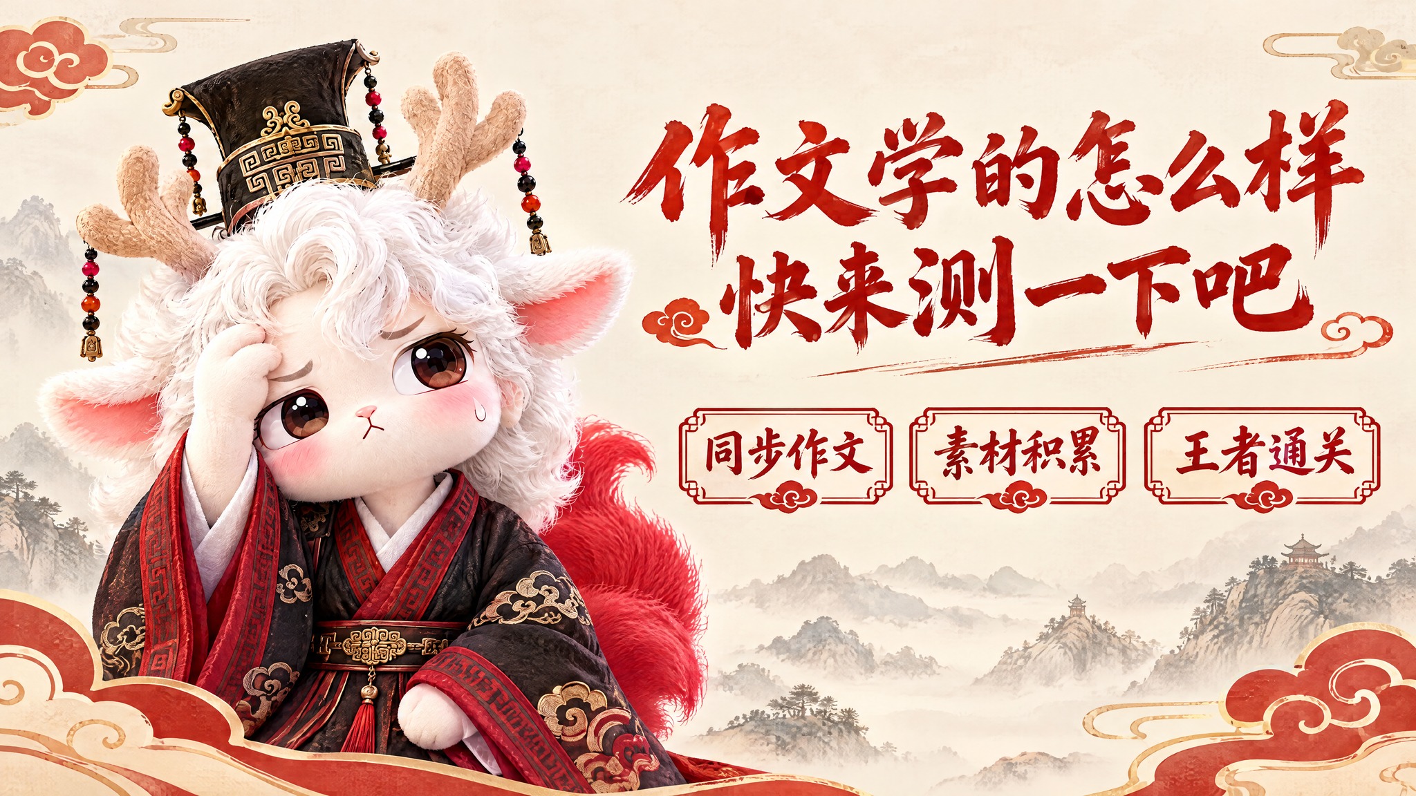 国风教育宣传图，1080乘605像素。左侧是戴官帽穿黑红衣服、… - 图片创意预览