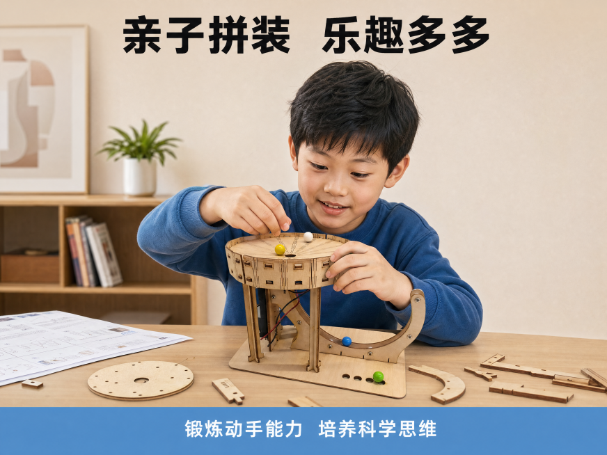 [第6屏] 真人儿童拼装展示，展示小朋友拼装这款永动机玩具的互动过程。本屏使用【图1】中的永动机产品，保持产品结构、材质和颜色与原图一致，产品放置在桌面上。
[氛围/风格] 真实互动场景，温馨亲子氛围预览效果