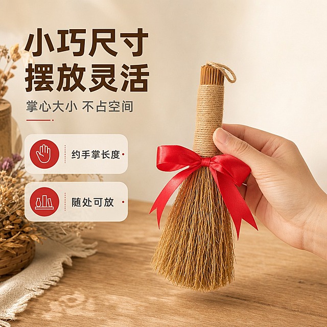 [商品] 使用【图2】稻草小毛刷捆红绳手持图；保留稻草材质、麻绳手柄、红绳蝴蝶结、挂绳结构与棕黄+红色配色；保留手持动作与手部比例；商品处理：保留手作质感，轻微整理稻草形态，增强红绳缎面质感，手部自然真实。
[画面] 目标为尺寸参照展示，直观体现小巧尺寸；场景参照型构图，右侧一只手轻捏小毛刷手柄，产品与手掌形成大小对比，产品占画面约45%；左侧为暖木色桌面与干花装饰，背景米白柔焦；阅读动线从左上标题到右侧手持产品。
[视觉] 套系策略：风格=温馨治愈国风手作商业摄影；标题字=阿里巴巴普惠体粗体；正文字=阿里巴巴普惠体常规；主色=暖棕米白；背景延展=基于暖棕米白做深浅层级、同色渐变和细腻麻布/原木质感；强调色=正红色，仅用于小面积图标、引线和标签点缀；标题色=深棕褐；正文色=暖中灰；组件=圆角浅底信息卡、细线引线、圆点装饰；光影=左前侧暖柔光，手部光影自然。
[文字] 左上放主标题「小巧尺寸 摆放灵活」，副标题「掌心大小 不占空间」，下方2个信息点：「约手掌长度」「随处可放」；文字横向排版，不遮挡手部与产品对比区域。
[规格] 图片比例1:1方形，4K分辨率，负向提示：避免变形、错字、文字过小、冷蓝背景、极限词、环保/天然/原生态字样、小标致图案、淘宝平台违禁词、竖排文字、手部失真。