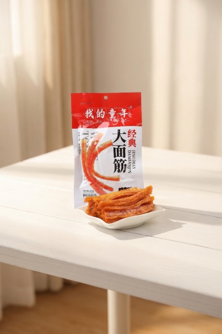 将这袋大面筋辣条和摆放着辣条的白色小碟子放在干净的白色桌子上，有温暖柔和的阳光照射在桌面和产品上，光线明亮温馨，产品完整清晰突出，氛围舒适预览效果