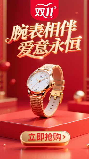 商业摄影风格，比例 16:9。以鲜艳的红色为背景，营造热烈氛围。画面正中央是巨大且优雅的主标题 “腕表相伴 爱意永恒”，采用金色立体艺术字体，笔画粗细变化富有韵律，表面有细腻的光泽质感，像是被柔和灯光预览效果