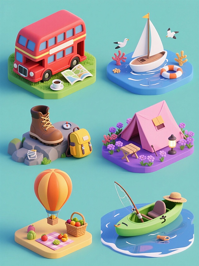 一系列6个不同旅游主题的3D立体剪纸风格插画，每个元素独立成单元规整排布在纯色背景上，保持相同的卡通可爱造型语言和圆润柔和的边缘处理，整体画面色彩统一变换为[可替换为具体色系，如：清新蓝绿色系/温暖橙黄色系/活力粉紫色系]，所有元素均采用哑光质感的渐变色彩和细腻的阴影表现。第一个单元：红色双层观光巴士停在绿色草坪上，旁边有打开的旅行地图和一杯热咖啡；第二个单元：白色帆船漂浮在蓝色海面上，周围有海鸥和珊瑚形状的游泳圈；第三个单元：棕色登山靴踏在灰色岩石小径上，旁边放着黄色登山包和指南针；第四个单元：粉色帐篷搭在紫色花丛中，旁边有露营灯和折叠桌椅；第五个单元：橙色热气球悬浮在空中，下方挂着装满水果的野餐篮；第六个单元：绿色皮划艇停靠在湖边，旁边有钓鱼竿和草帽，所有元素均无文字、无logo、无水印，保持一致的光影方向和柔和高光效果。