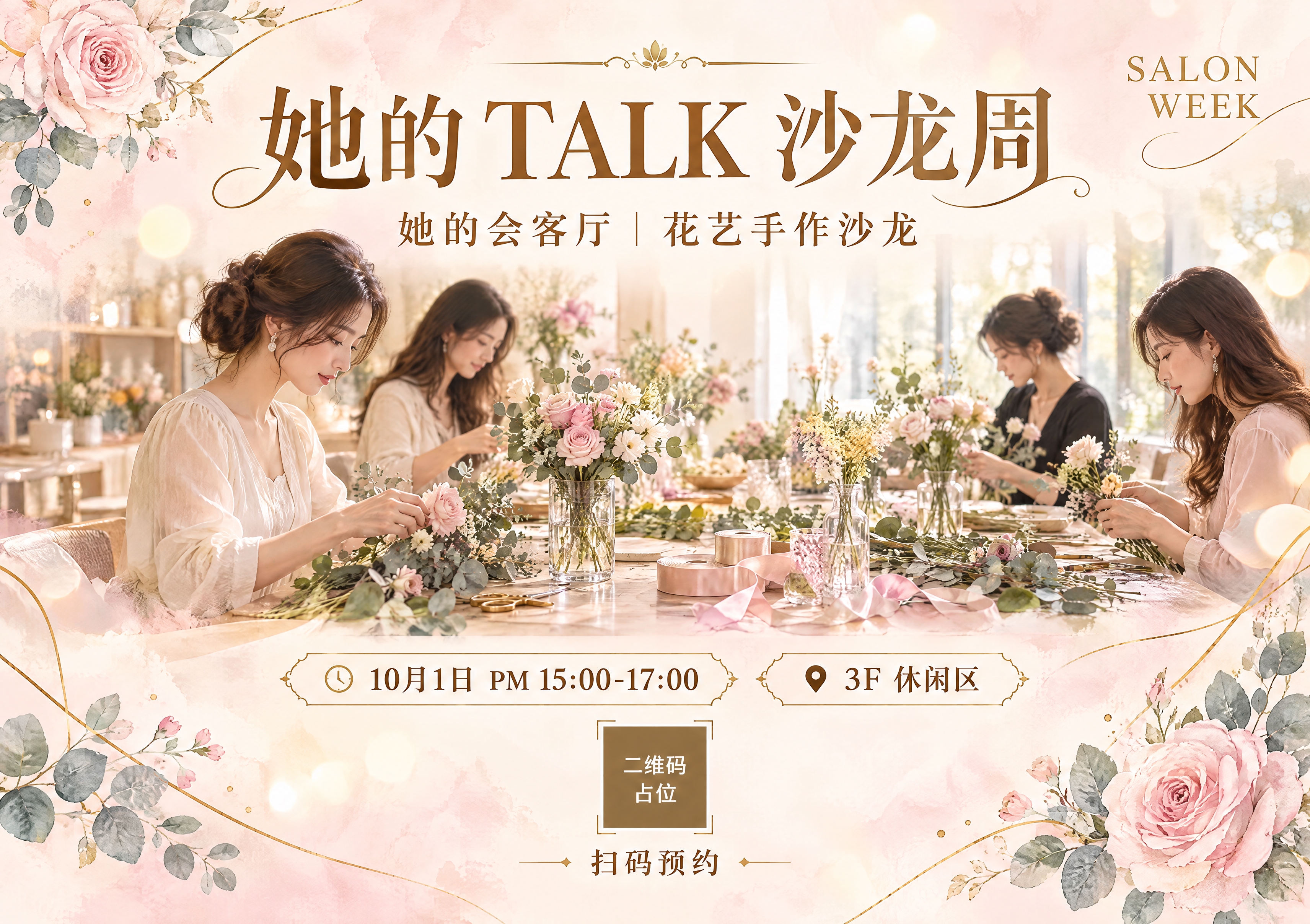 一张精致优雅的女性花艺手作沙龙活动海报，横版构图。背景为高级会… - 图片创意预览