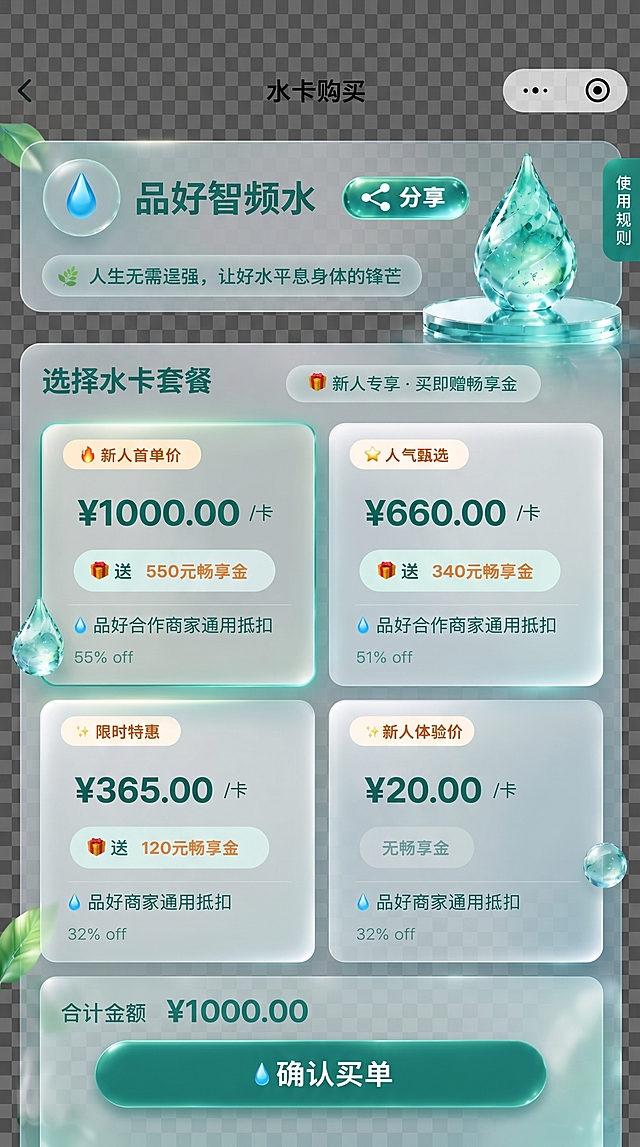 将原图所有设计元素提取到透明背景PNG图上，每个板块和元素独立分开，留出足够间距方便裁剪，细致保留每个水滴、绿叶、卡片、按钮、文字元素，保持玻璃质感和原风格