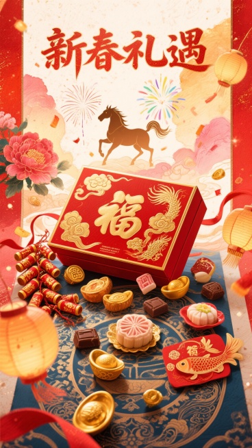 背景如洒金宣纸，铺陈开浓郁喜庆的朱砂红与鎏金色渐变，晕染着霞光般的绯粉与橙黄，形成温暖而富丽的底韵。画面中央是国潮插画风格的 “新春钜献”年货礼盒，礼盒本身装饰着金色云纹与浮雕“福”字，周围散落的零食预览效果