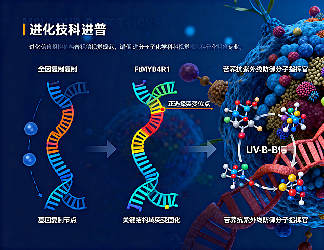 分子进化科普信息图，主题为FtMYB4R1基因新功能化过程。左侧展示全基因组复制事件的示意图，标注基因复制节点；中间绘制FtMYB4R1基因的结构域示意图，高亮标注正选择突变位点，配文字说明其关键结构域经过突变固化；右侧展示该基因响应UV-B信号的过程，标注其成为苦荞抗紫外线防御的分子指挥官。整体风格严谨专业，采用深蓝色科研背景，分子结构用高对比亮色标注，文字清晰准确，符合进化分子生物学科普视觉规范。