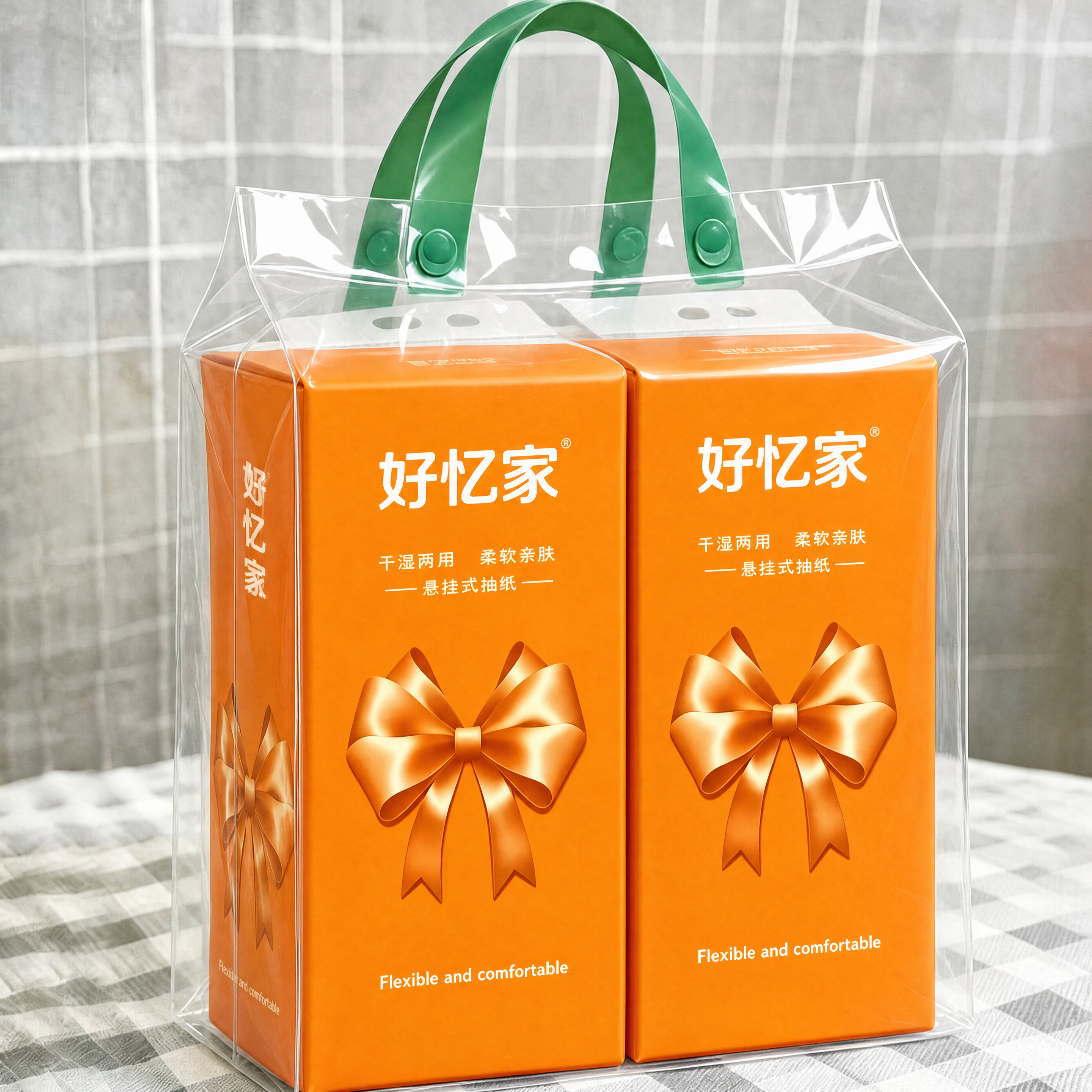 将白底图（图1）的外包装图案主题完全迁移到主图（图2）透明手提… - 图片创意预览