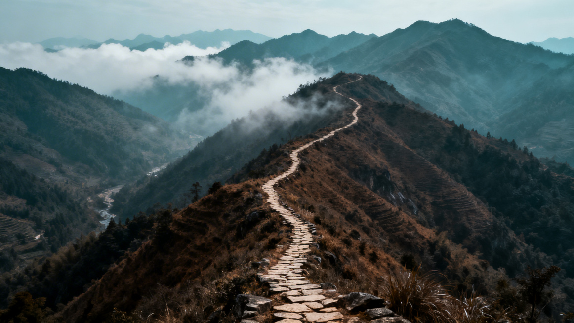 横版海报，体现福建古道历史沧桑感，山峦层叠，古道蜿蜒，云雾缭绕，古朴厚重的氛围感，无任何文字预览效果