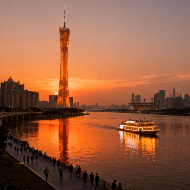 生成4张以上与家乡广州主题相关的宣传图片（如风景、人文、未来想象图等）。每张图片需注明生成所用的提示词（prompt），并附简短设计说明。预览效果