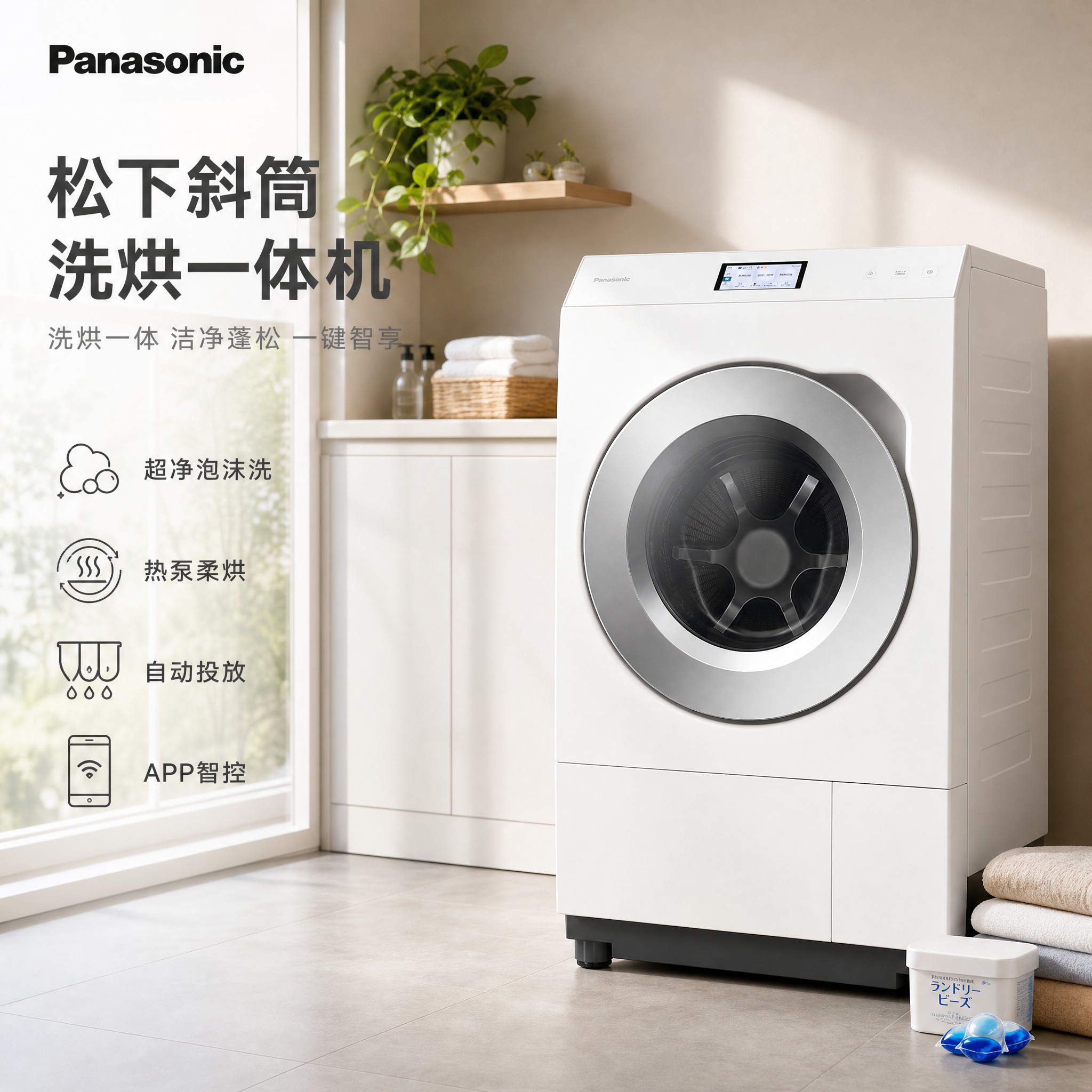 [单张主图] 松下斜筒洗烘一体机 高级氛围感主图 真实家居阳台… - 图片创意预览